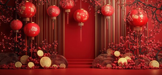 Festive Chinese New Year Stage with Lanterns and Decorations.