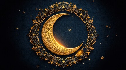 Golden Crescent Moon with Floral Wreath for Ramadan Celebration.