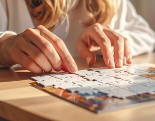 Fototapeta premium Woman's hands placing a puzzle piece. Sunlight bathes the wooden surface