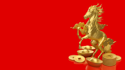 Golden Rearing Horse with Chinese Wealth Symbols on Red 3d render.