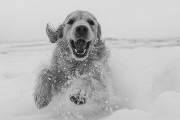 Golden Retrievers Joyful Run Through Winter Wonderland - A Black and White Portrait.