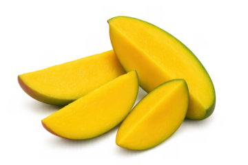 Ripe yellow mango slices showing sweet juicy fruit pulp, ready for healthy eating and tropical drinks with transparent background