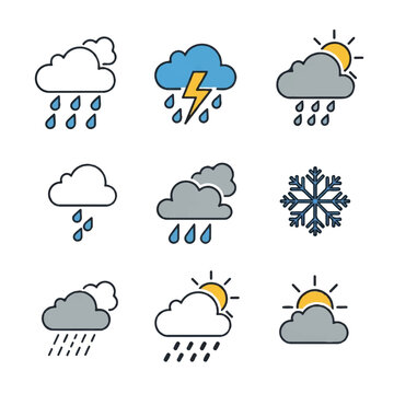 Nine Cartoon-Style Weather Icons Arranged in Grid Displaying Rain, Snow, Clouds, and Sun with Clear Visual Simplicity for Design Use