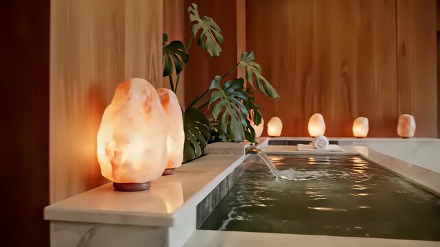 Luxurious spa sanctuary with tranquil pool, candles, and modern lamp features serene ambiance perfect for travel TV or spa themed productions featuring relaxing retreat, wellness.