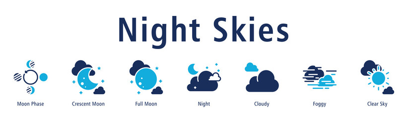 Night Skies web banner icon vector illustration with icons of Moon Phase, Crescent Moon, Full Moon, Night, Cloudy, Foggy, and Clear Sky.