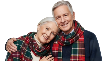 Happy Senior Couple Smiling with Tartan Scarves Warm Winter Holiday Season