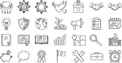 Charity and Donation Doodle Icons Vector Set: Hand Drawn Volunteers, Money, Help, Care, Aid. Line Art Symbols for Social Work, Giving, Community Service