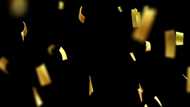 Slow motion falling of party confetti in metallic gold on black background. Shining golden confetti foil celebrating glamorous awards, holidays, weddings, or New Years eve festivities. 3d render.