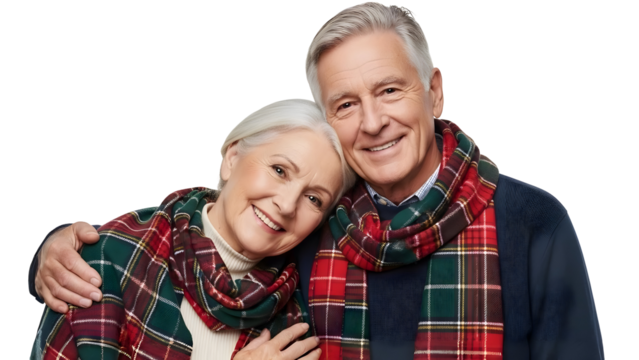 Happy Senior Couple Smiling with Tartan Scarves Warm Winter Holiday Season - Powered by Adobe