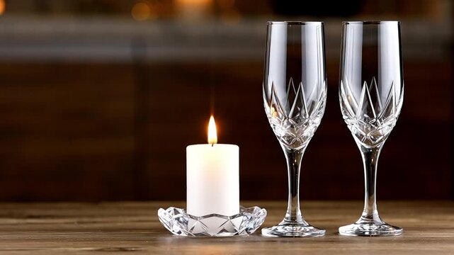 Horizontal close up of a woman's hand gently placing a lit pillar candle onto a clear saucer next to two empty crystal champagne flutes on a wooden table