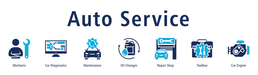 Auto Service web banner icon vector illustration with icons of Mechanic, Car Diagnostics, Maintenance, Oil Changes, Repair Shop, Toolbox and Car Engine.