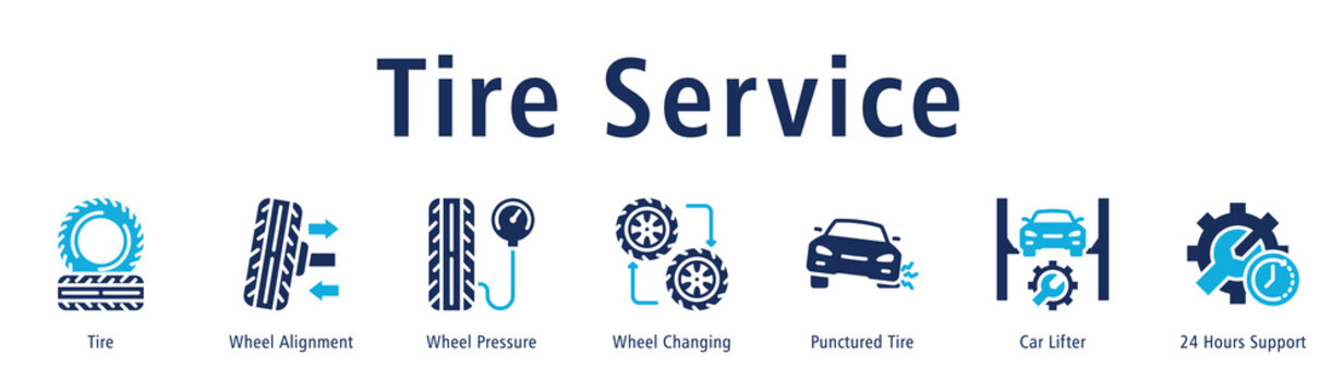 Tire Service web banner icon vector illustration with icons of Tire, Wheel Alignment, Wheel Pressure, Wheel Changing, Punctured Tire, Car Lifter and 24 Hours Support.