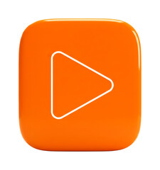 Glossy orange play button icon with a white triangle outline symbol features a modern, three-dimensional design with rounded corners and a smooth, reflective surface