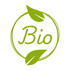 Natural Green Bio Eco Organic Biologic Round Circle Badge Sticker Stamp Info Label Sign Icon for Product and Package with Leaf Symbol. Vector Image.