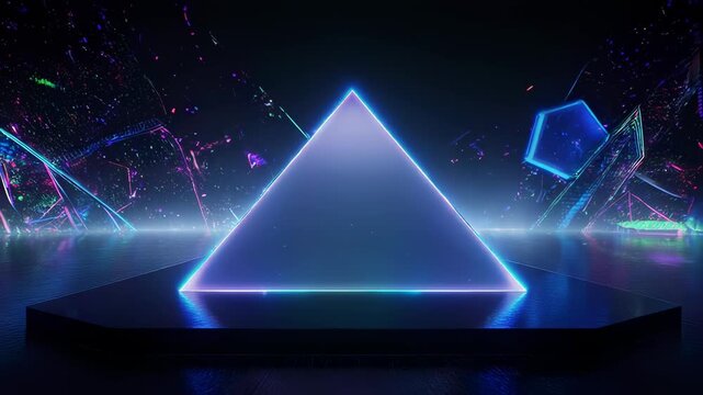 A glowing triangular prism sits on a dark platform, surrounded by abstract neon shapes and particles