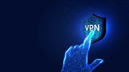A digital hand pressing a VPN shield icon, symbolizing online security and privacy in the digital age.
