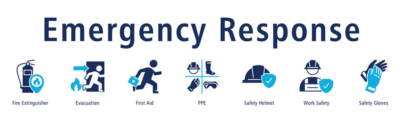 Emergency Response banner featuring Fire Extinguisher, Evacuation, First Aid, PPE, Helmet, Work Safety, and Gloves.