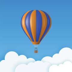 Obraz premium Vector Travel Banner with 3d Realistic Blue and Orange Hot Air Balloon Icon on a Blue Sky Background. Design Template, Summer Vacation, Travelling, Tourism and Journey Concept