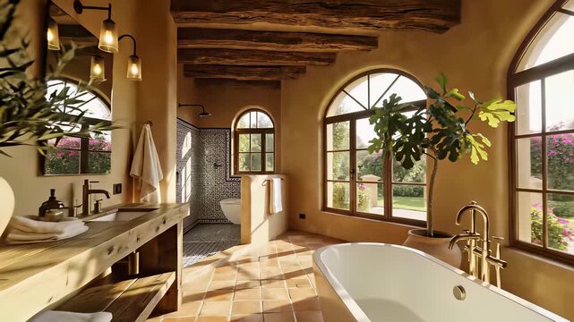 Luxurious bathtub with sleek lines and modern fixtures sits prominently in a spacious bathroom featuring a stunning window that lets in an abundance of natural light, conceptually representing a.