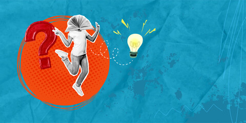 A trendy halftone collage in pop art style. A happy girl with a book for a head, a question mark, an encyclopedia, a light bulb, a student's vision, a bookworm, a hobby, a concept.