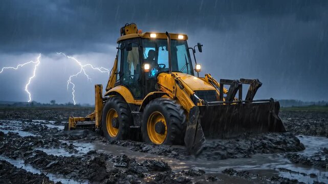 Yellow backhoe loader working tirelessly through deep mud under a violent rainstorm as massive lightning illuminates the dramatic stormy landscape