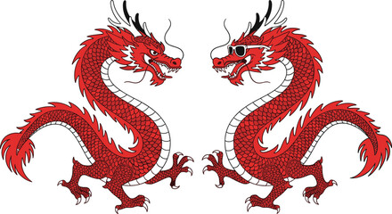 Chinese dragon vector, red myth creature, traditional Asian art, stylized fierce design, cultural symbol illustration, cad drawing flat vector illustration
