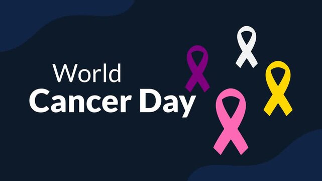 Animation of the greeting &ldquo;world cancer day&rdquo; with four ribbons in purple, pink, yellow, and white on a dark blue background. Simple animation. Motion graphic.