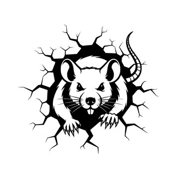 A black and white illustration of an angry rat bursting through a cracked surface, with a detailed depiction of the rodent's fierce eyes and sharp claws. vector illustration