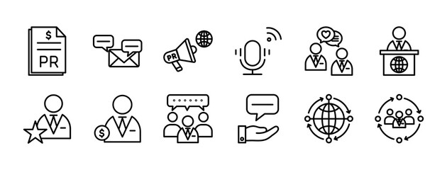 Public Relations icon set outline collection contains megaphone, business person, pr document, broadcast microphone, heart feedback bubble, support hand message, press conference speaker