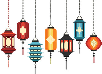 Traditional hanging lanterns, Chinese New Year decor, festive celebration lights, Asian cultural symbols, colorful vector icons, decorative festival elements © LT studio