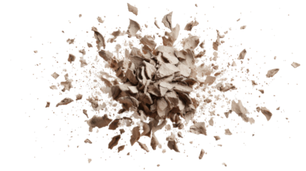 Crushing impact with particles and fragments exploding into pieces, shattering brown rock debris on transparent background