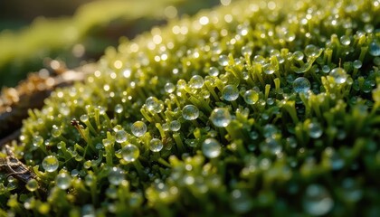 Lush green moss carpeted with sparkling dewdrops in a sunlit macro shot, highlighting the freshness and intricate beauty of nature's tiny ecosystem