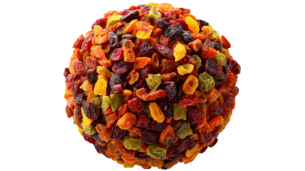 Dried fruit mix sphere of colorful raisins and sultanas, a natural healthy sweet food snack on transparent background