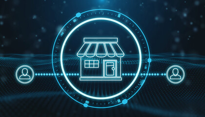 Digital Retail Gateway: An illuminated digital illustration depicts a shop icon connected to user profiles.