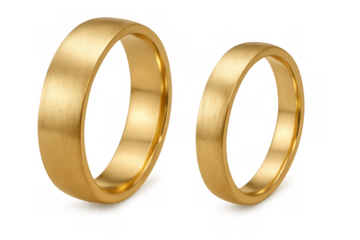 Two brushed gold wedding bands, an engagement ring set for couple bonding and eternal love, on transparent background