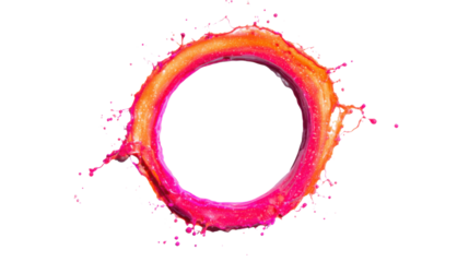 Vibrant paint splash forming an abstract circular ring with pink and orange liquid on transparent background