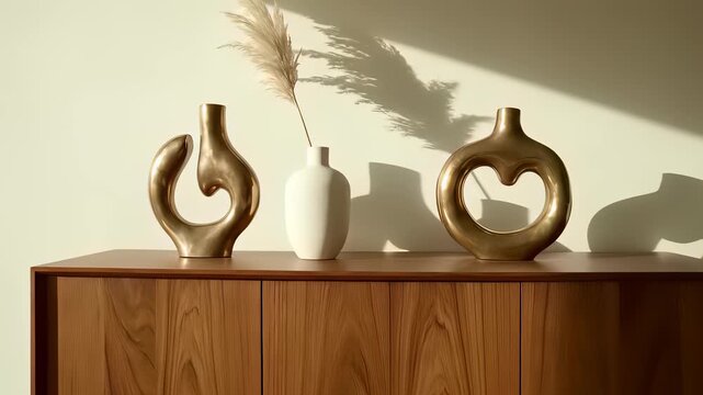 Three vases sit atop sturdy wooden table, flanked by lush greenery on either side, creating thought provoking composition embodying minimalist design principles, perfect for conceptualizing.