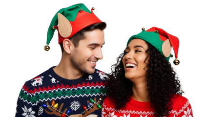 Christmas Holiday Joyful Couple Celebrating Xmas Eve Party Elf Hats and Ugly Sweaters