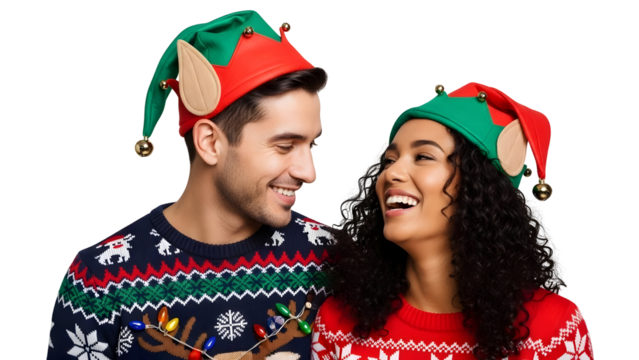 Christmas Holiday Joyful Couple Celebrating Xmas Eve Party Elf Hats and Ugly Sweaters - Powered by Adobe