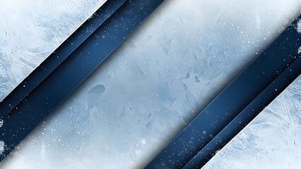 Abstract winter background design with diagonal dark blue layers over frosty ice texture and falling snow particles