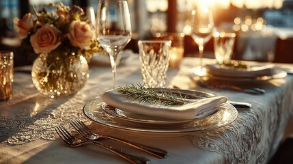Elegant Table Setting with Flowers, Plates, and Glassware, Ready for a Romantic Dinner