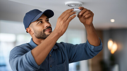 Man installing detector, ceiling mounting process, home safety measure, fire prevention equipment, smoke alarm setup, residential security system, professional installation work, f