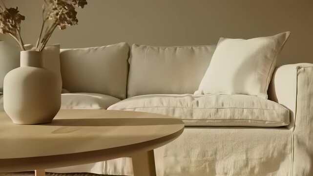 Ministerial modern minimalist room setting featuring sleek white couch with plush pillows, matching table, elegant vase with flowers, and serene atmosphere perfectly embodying peaceful oasis.