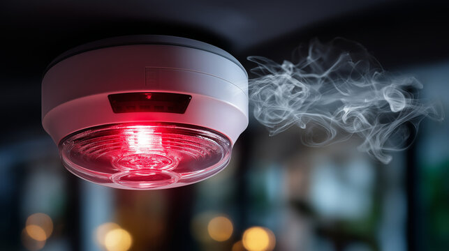 Smoke detector active, fire alarm background, emergency warning system, safety device triggered, ceiling mounted equipment, home protection alert, red light flashing, defocused smo