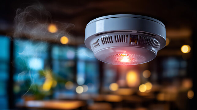 Smoke detector action, fire alarm triggering, emergency alert system, safety device activated, ceiling protection equipment, home security warning, alarm sounding moment, defocused