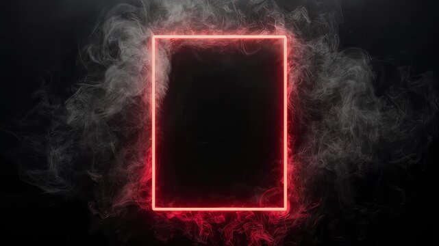 A stark, black background frames a vibrant red square neon light surrounded by swirling white and red smoke