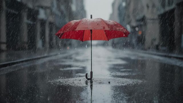 A solitary red umbrella stands open on a wet, urban street during a downpour