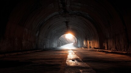 Fototapeta premium Sunlight streams through a tunnel showing a curved road. The scene captures the feeling of the end of the day with the light guiding the way as vehicles might approach.
