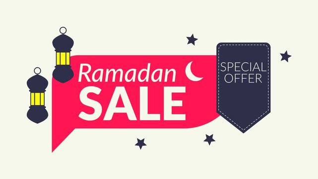 Animation with the theme &ldquo;ramadan sale&rdquo; featuring decorations such as a &ldquo;special offer&rdquo; tag, lantern, and stars. Ramadan theme. Suitable for advertising purposes. Simple animation. Motion graphic.