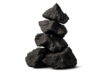 Fototapeta premium Dark grey rough rocks stacking on top of each other, forming a balanced cairn against a transparent background